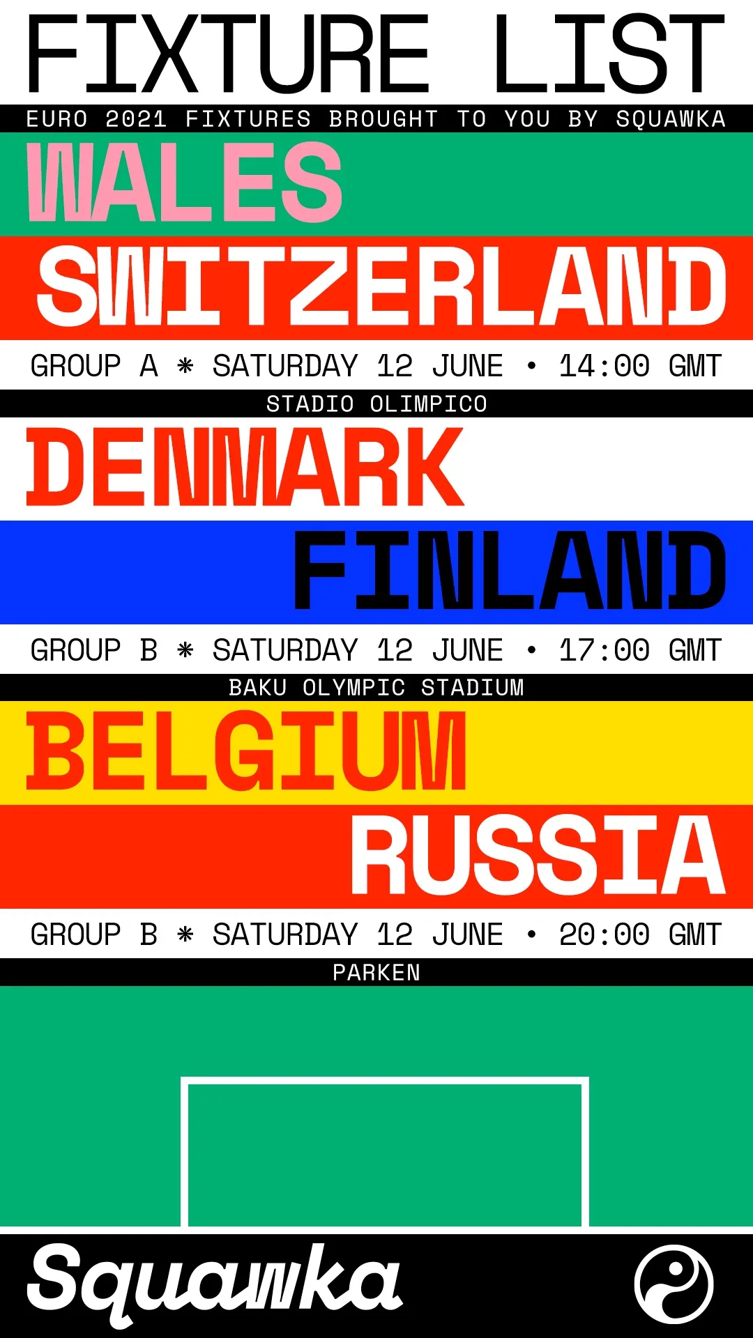 A Euros fixture list: six group fixtures in national colours, Wales against Switzerland, Denmark against Finland and Belgium against Russia, with dates and kick-off times.