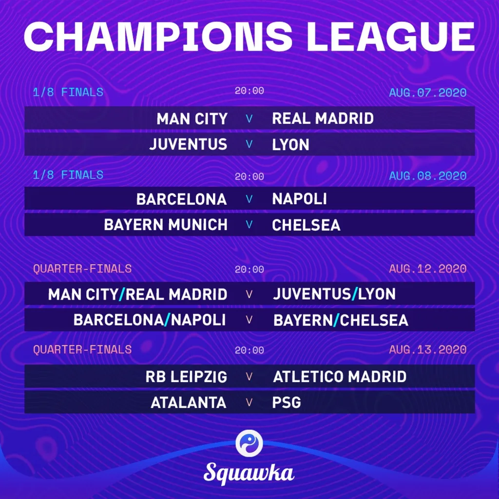 A Champions League fixture list in purple and white: eight last-sixteen ties with dates and kick-off times, the Squawka mark beneath.