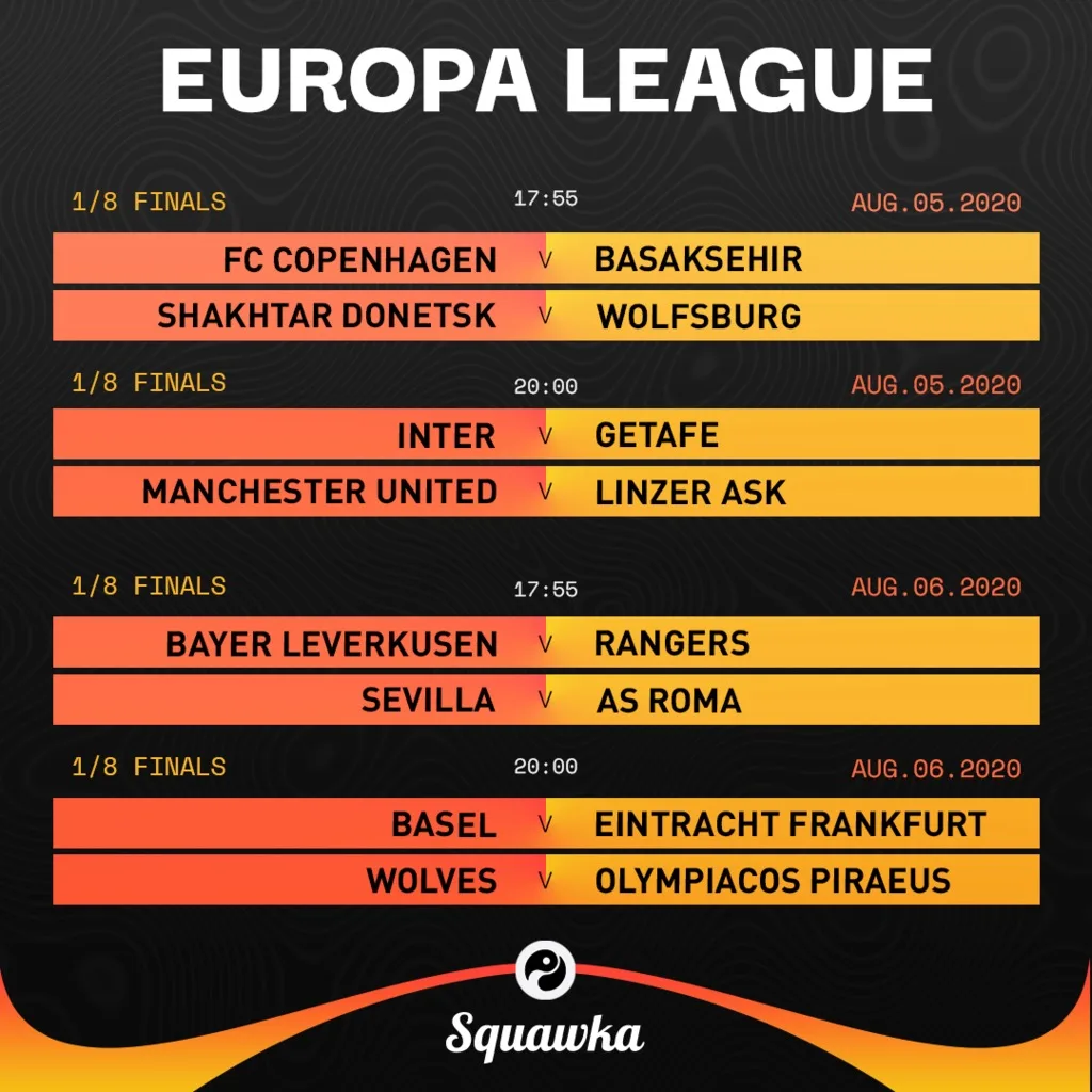 A Europa League fixture list in orange and white, eight last-sixteen ties with dates and kick-off times.