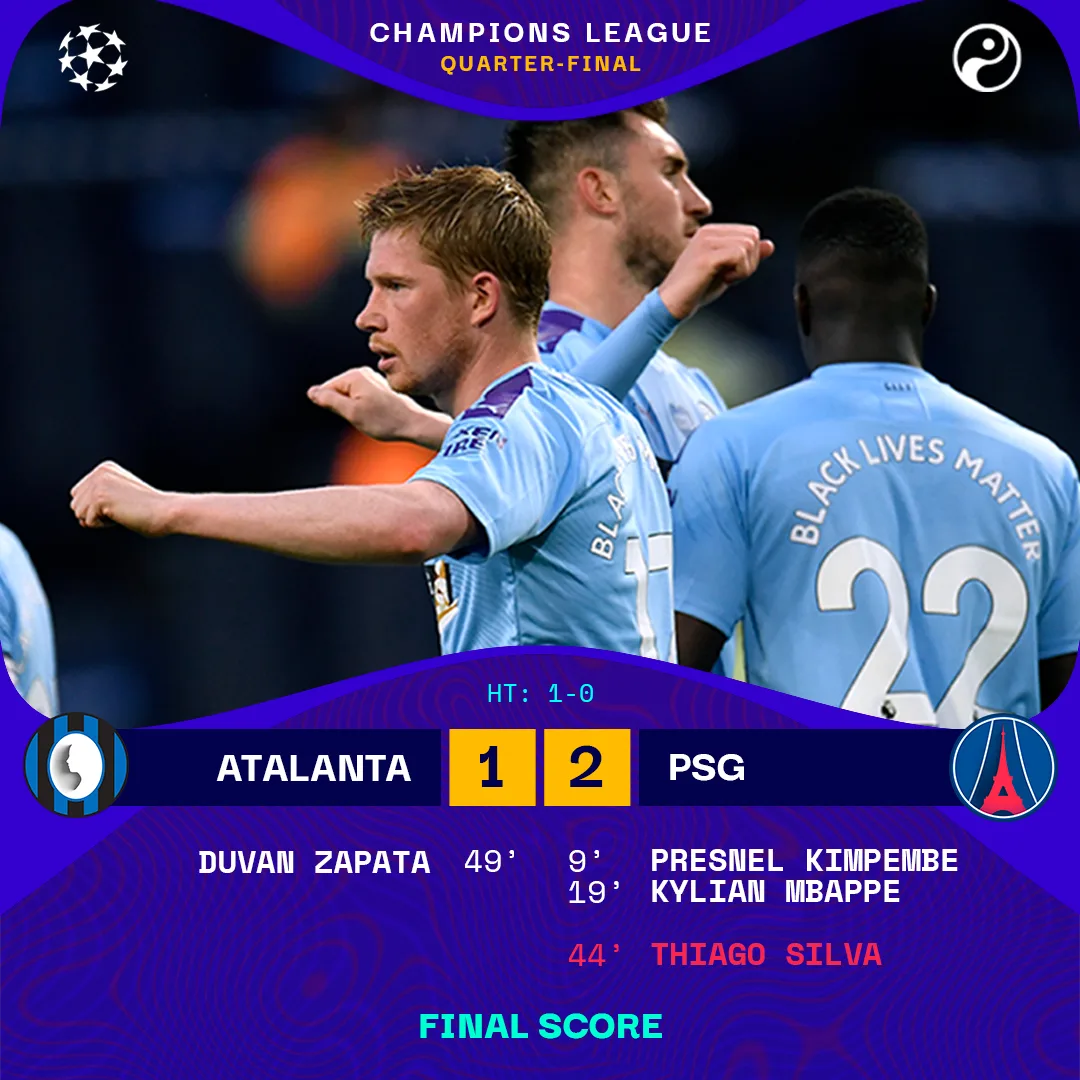 A full time graphic for Atalanta one Paris Saint-Germain two in the Champions League quarter-final, with the scorers listed beneath a photograph of the PSG players.