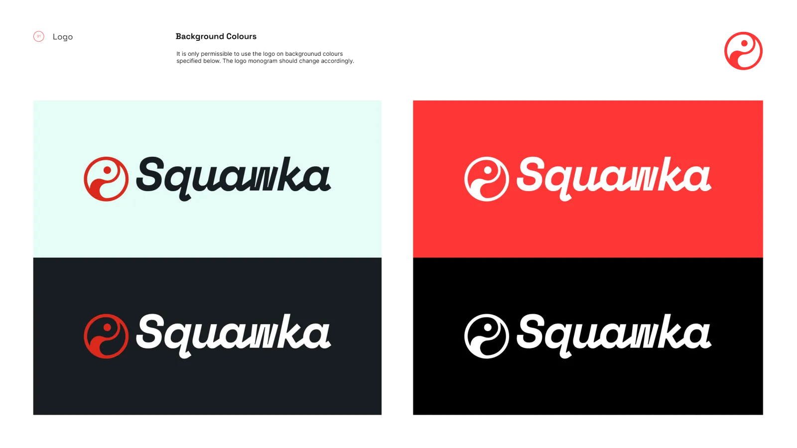 Four colourways of the Squawka lockup shown as a two by two panel: red mark with black wordmark on white, all white on red, all white on dark navy, and all white on black.