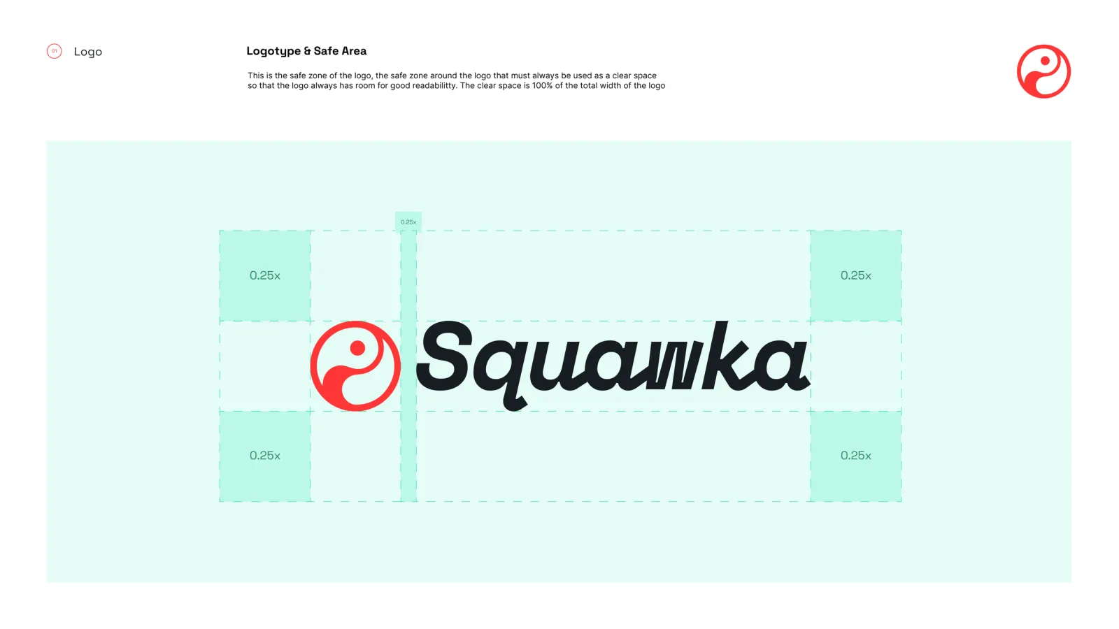 The same lockup overlaid with a construction grid, with clear space marked on all four sides as a quarter of the mark's width.