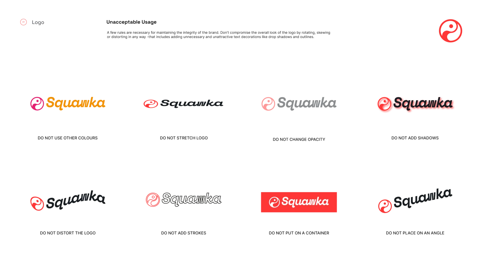 A grid of incorrect logo uses on black, including the lockup stretched, recoloured in a gradient, outlined, and set in the wrong proportions, each captioned as a misuse.