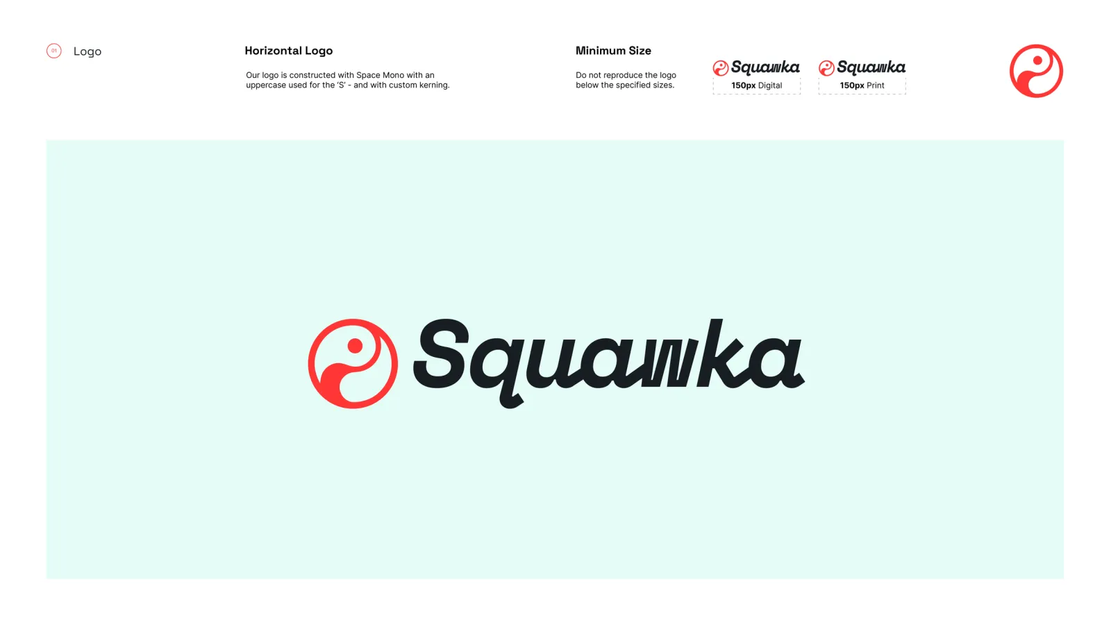 The primary Squawka lockup: a red circular mark whose counter forms a comma shape, beside the Squawka wordmark in a heavy italic, on a pale mint panel.
