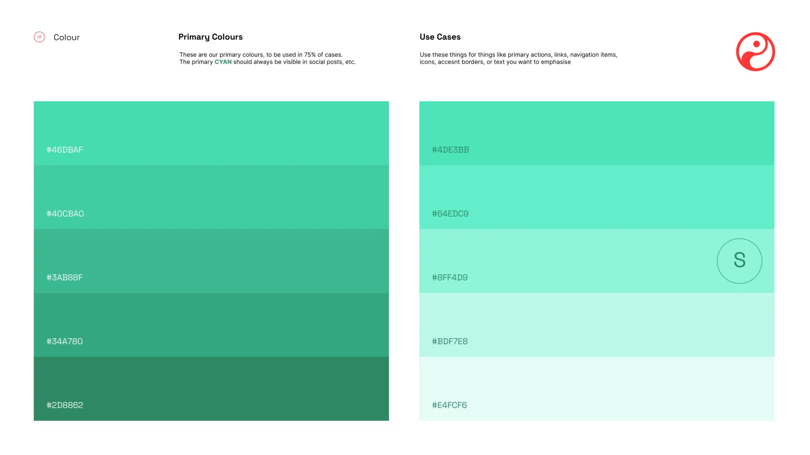 The green palette from the guidelines: two columns of swatches with hex values, running from deep green through to a pale mint.