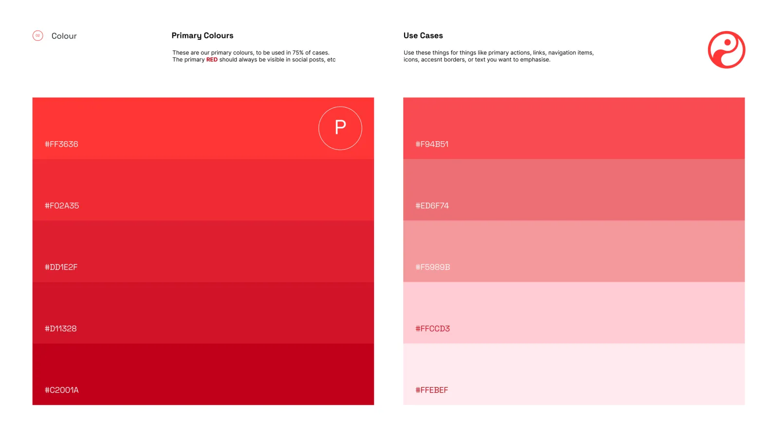 The red palette from the guidelines: two columns of swatches with hex values, a saturated primary red stepping down to pale pinks.