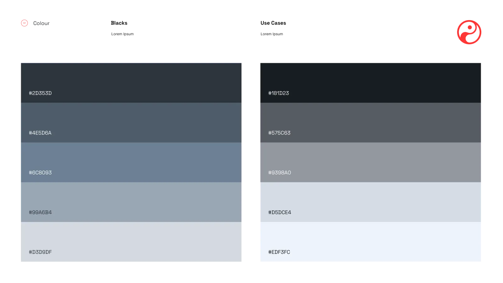 Two columns of slate and grey swatches with hex values, running from near black through mid greys to near white.