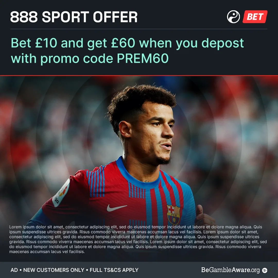 An 888 Sport offer unit headed Bet ten pounds and get sixty, with the Squawka mark top left, a cut-out player photograph, and body copy still set in lorem ipsum.