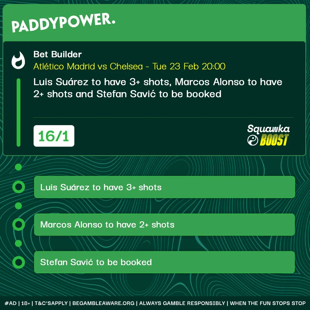 A PaddyPower Bet Builder card in green: a three-leg Atletico Madrid against Chelsea selection priced at 16/1, with the Squawka Boost lockup in the lower right.
