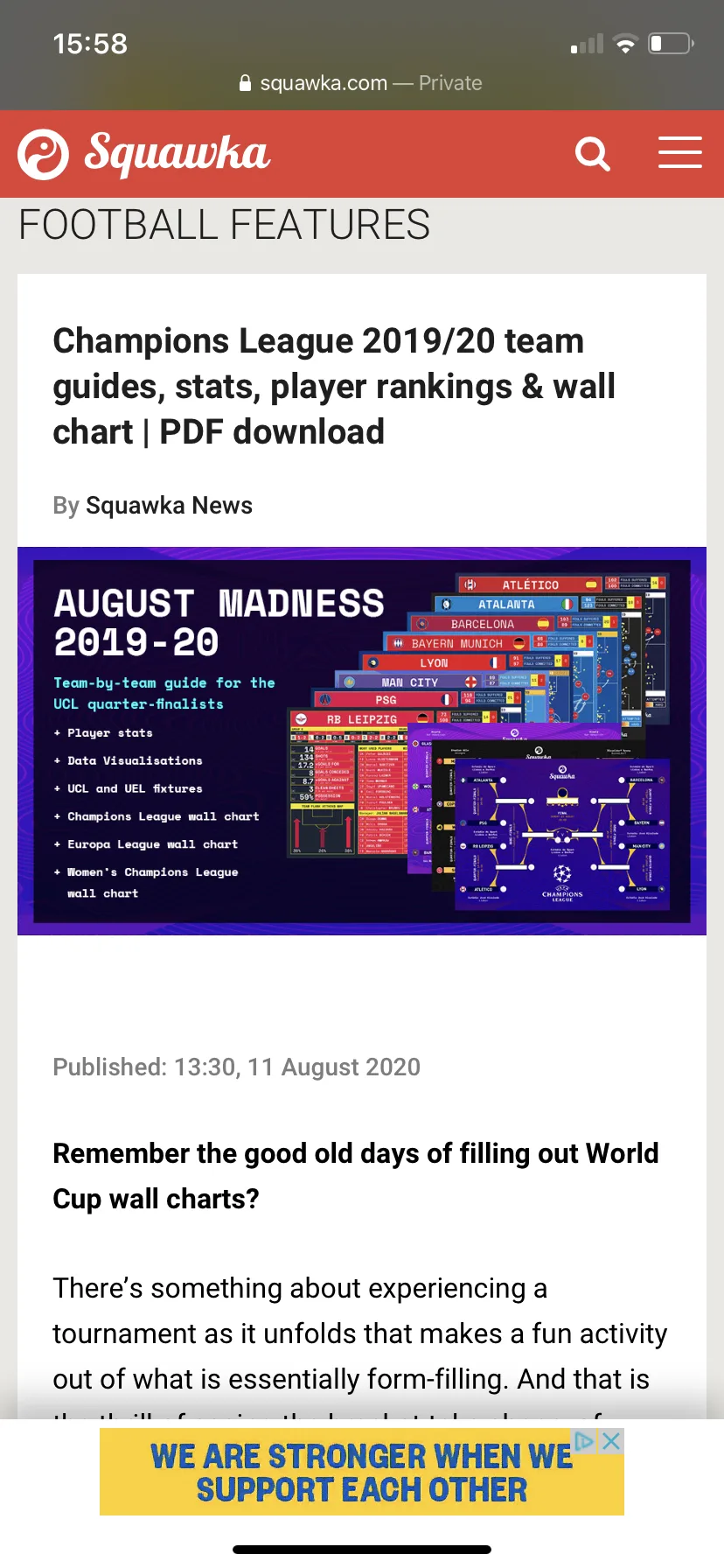 A Squawka football features article on a phone, headed Champions League 2019 20 team guides, stats, player rankings and wall chart, with a PDF download.