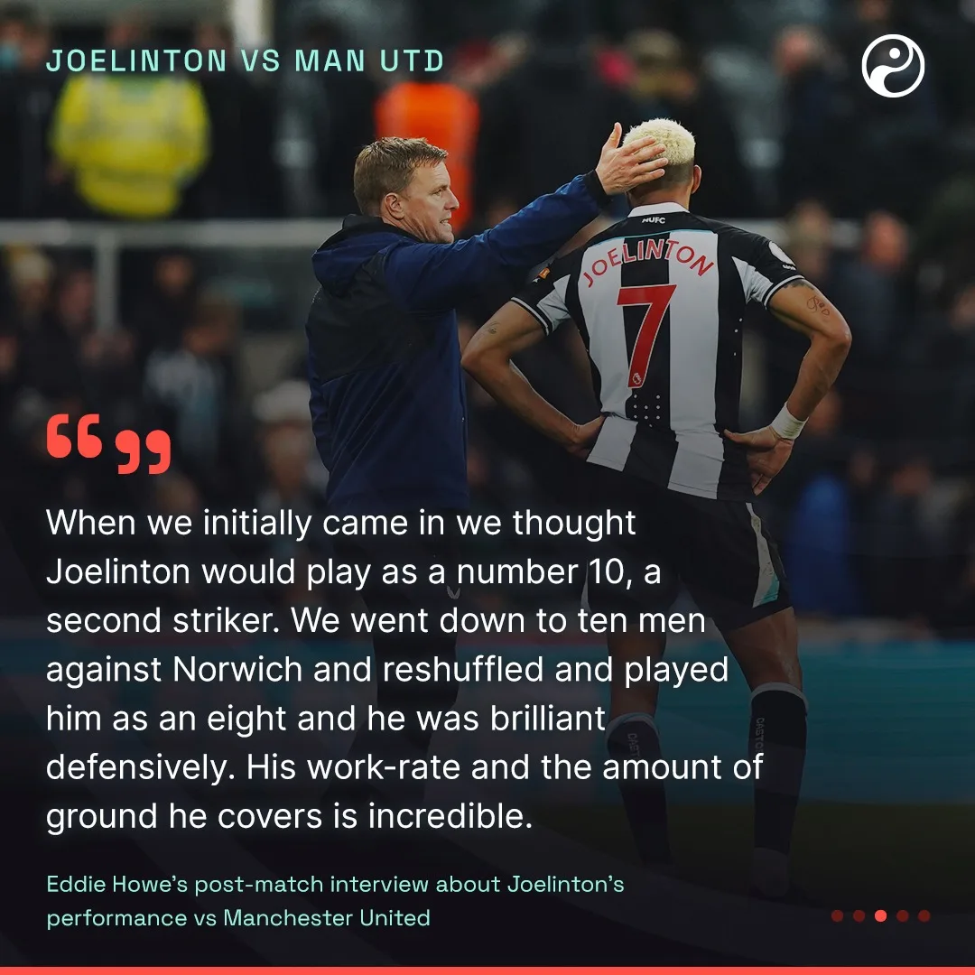 A quote graphic with Eddie Howe embracing Joelinton, and Howe quoted at length on moving him from number ten to an eight.