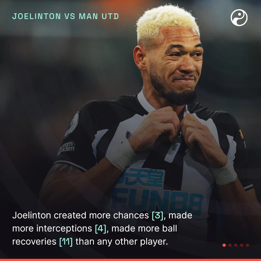 A quote graphic: Joelinton celebrating in a Newcastle shirt, with Sean Longstaff quoted on the disrespect Joelinton gets and how good he is in training.