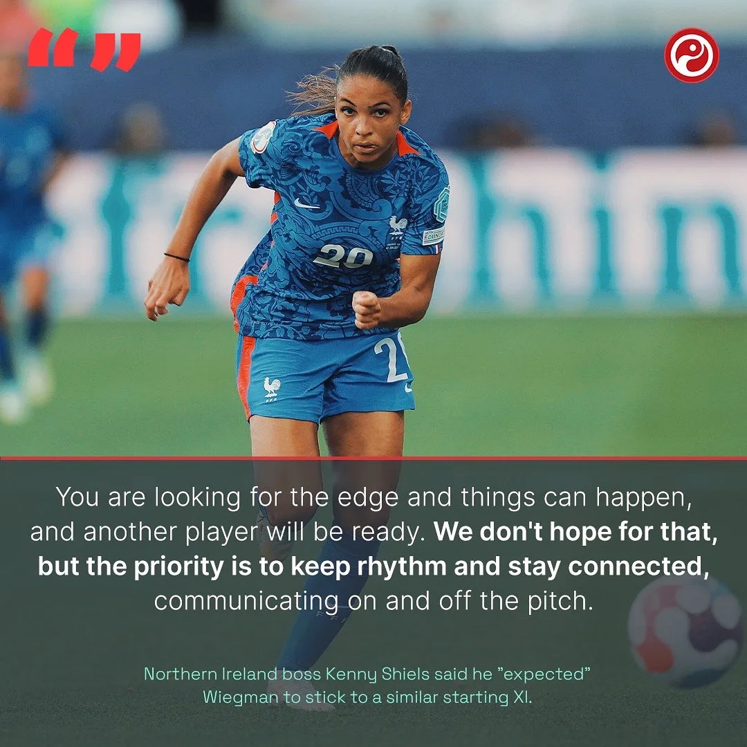 A quote graphic in the wide build: a Northern Ireland women's player in action on the left, and on the right the manager Kenny Shiels quoted on keeping rhythm and staying connected.