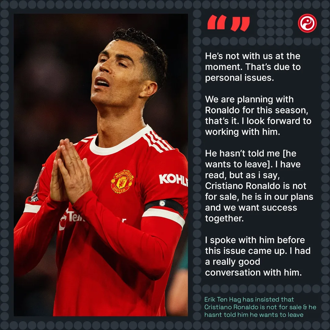 A quote graphic: Cristiano Ronaldo with his hands together in a Manchester United shirt, beside Erik ten Hag quoted saying Ronaldo is not for sale and is in their plans.