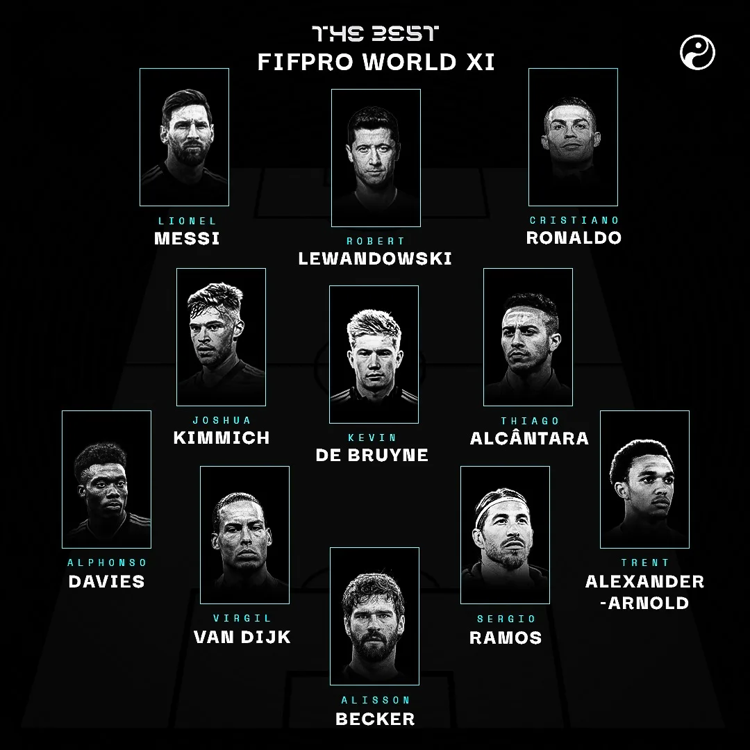 The Best FIFPro World XI laid out as a team sheet: eleven players in formation, each with a small portrait and name, on black.