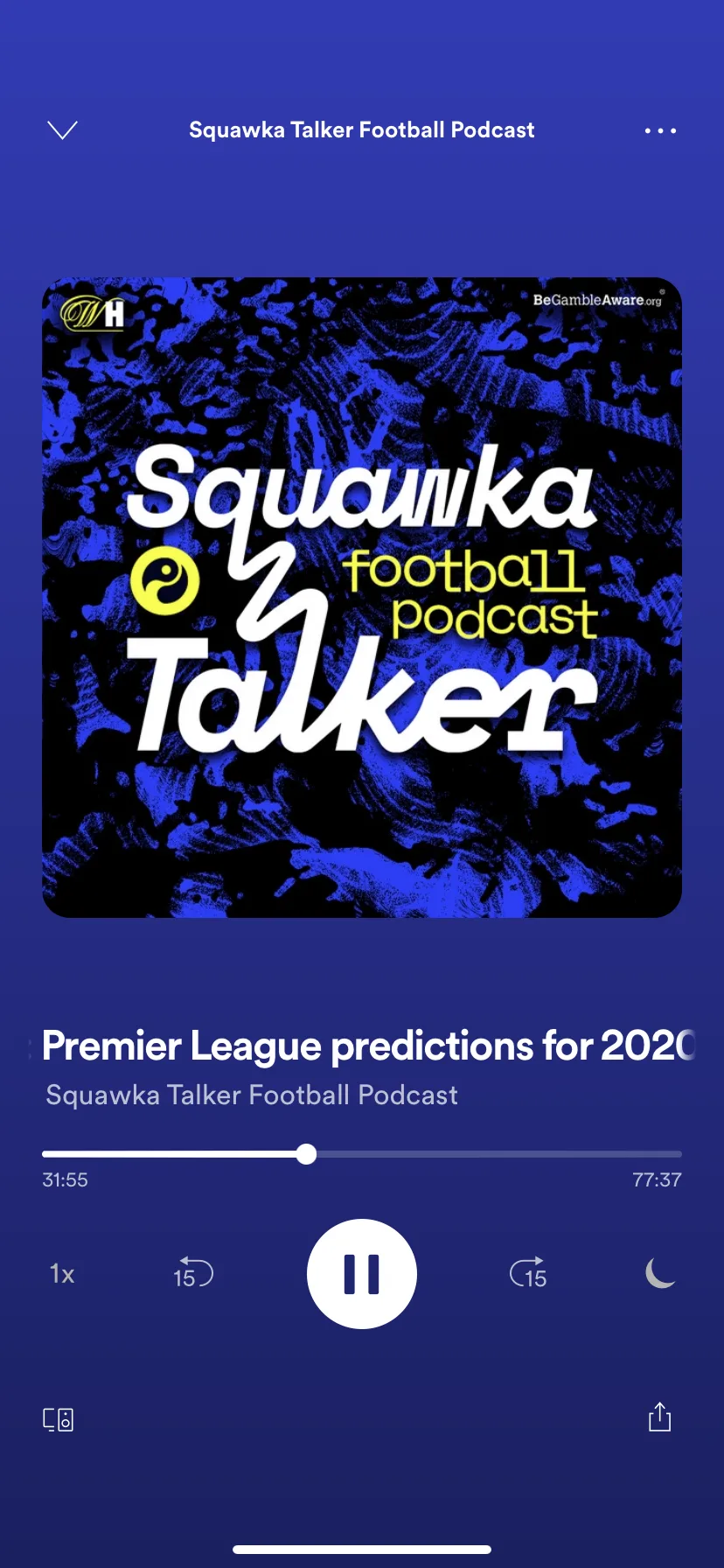 The Squawka Talker Football Podcast open in a podcast player on a phone, showing the episode artwork, the title and a play control.