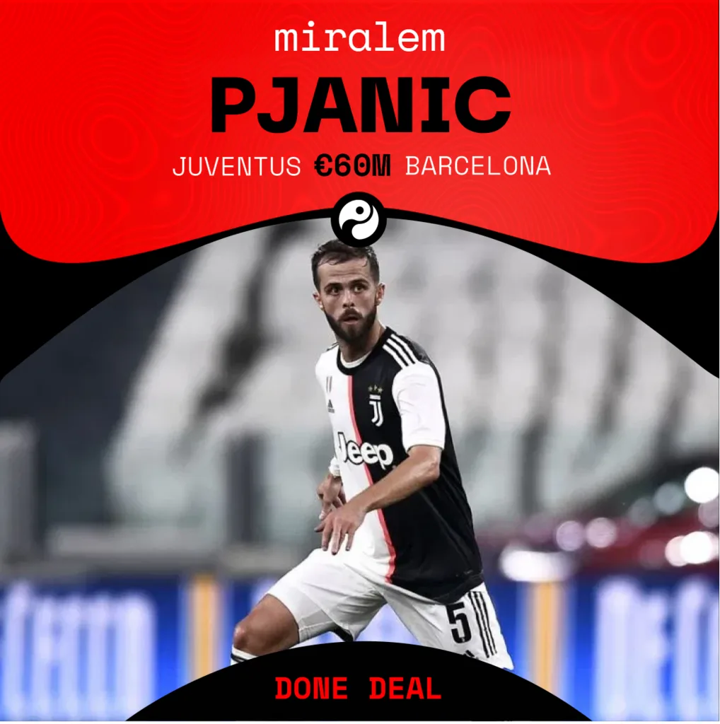 A transfer card for Miralem Pjanic from Juventus to Barcelona, the player in black and white against a red panel with the words done deal beneath.