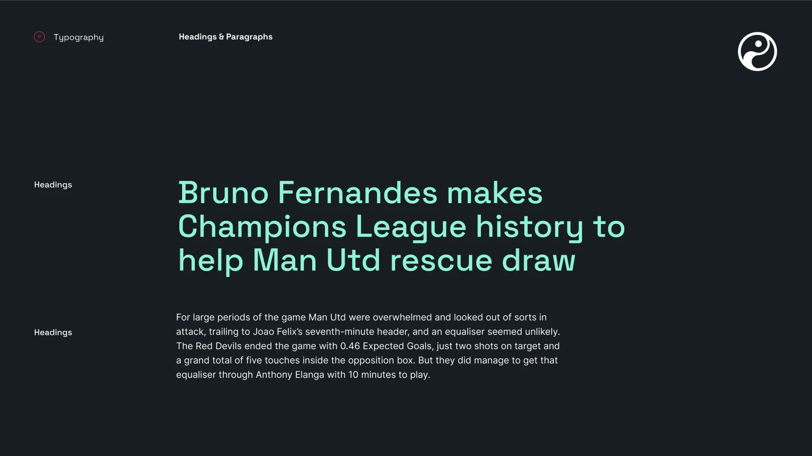 A headings specimen setting a real football story, 'Bruno Fernandes makes Champions League history to help Man Utd rescue draw', in mint on dark navy above a paragraph of match report body copy.