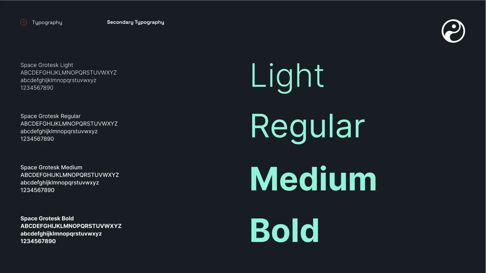 A type specimen showing Space Grotesk in Light, Regular, Medium and Bold, set large in mint on dark navy with the full character set listed small alongside each weight.