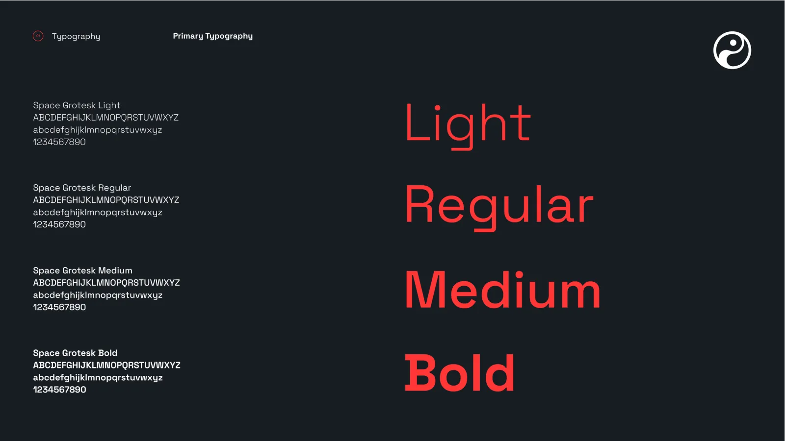 The same Space Grotesk specimen in the red colourway, showing Light, Regular, Medium and Bold with the character set beside each weight.