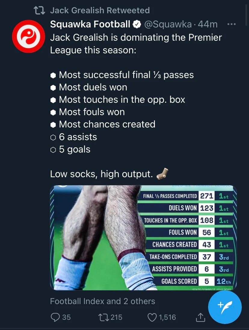 Twitter screenshot of Jack Grealish retweeting a Squawka post
