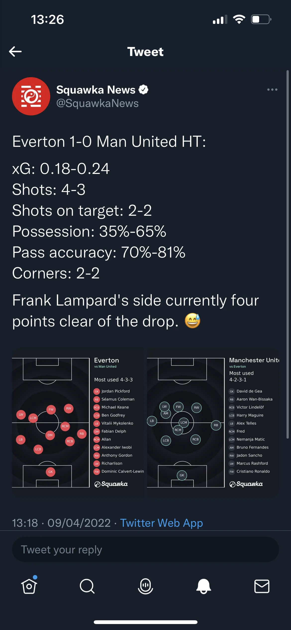 A Squawka tweet screenshot showing Everton one Manchester United nil at half time with expected goals, shots, possession and pass accuracy listed.