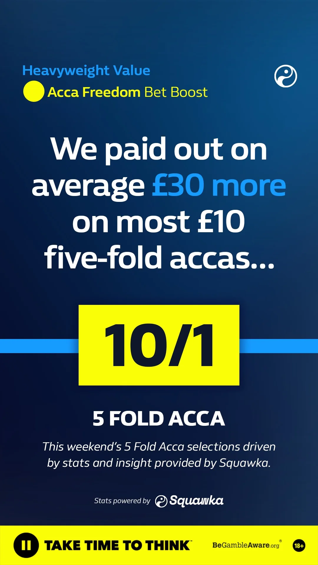 An Acca Freedom card in navy and yellow, headed with an average payout of thirty pounds more on most ten pound five folds.