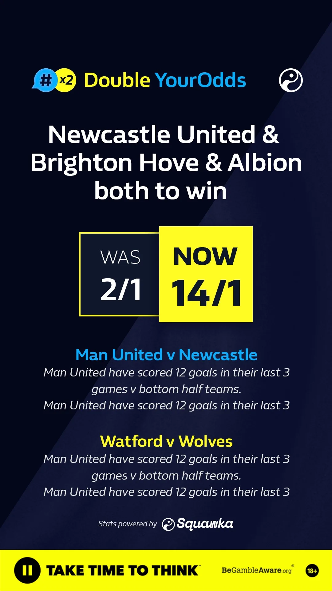 The same Double YourOdds unit in a portrait build, Newcastle United and Brighton both to win at fourteen to one.