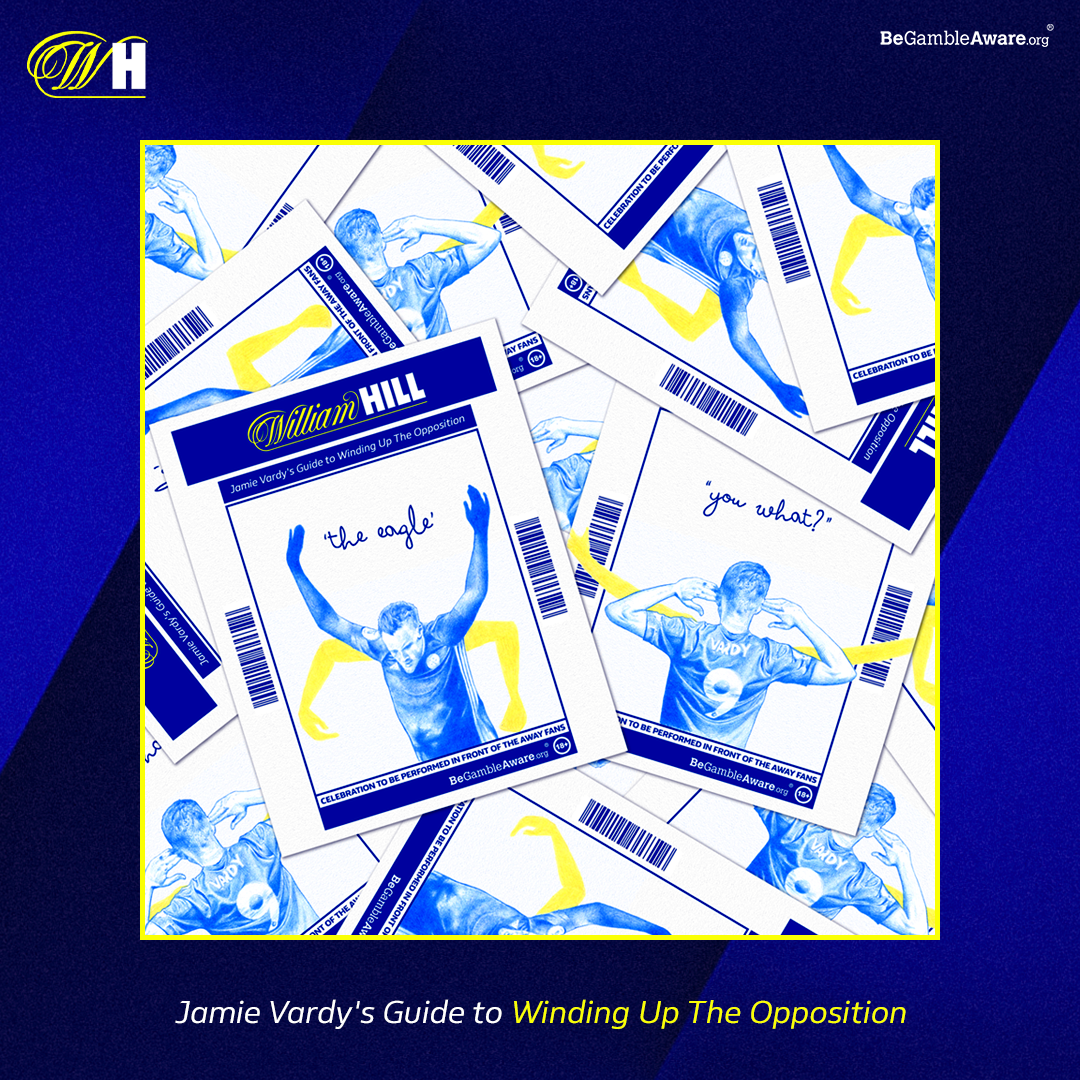 A William Hill promotion titled Jamie Vardy's Guide to Winding Up The Opposition, a tiled pattern of the player on blue.