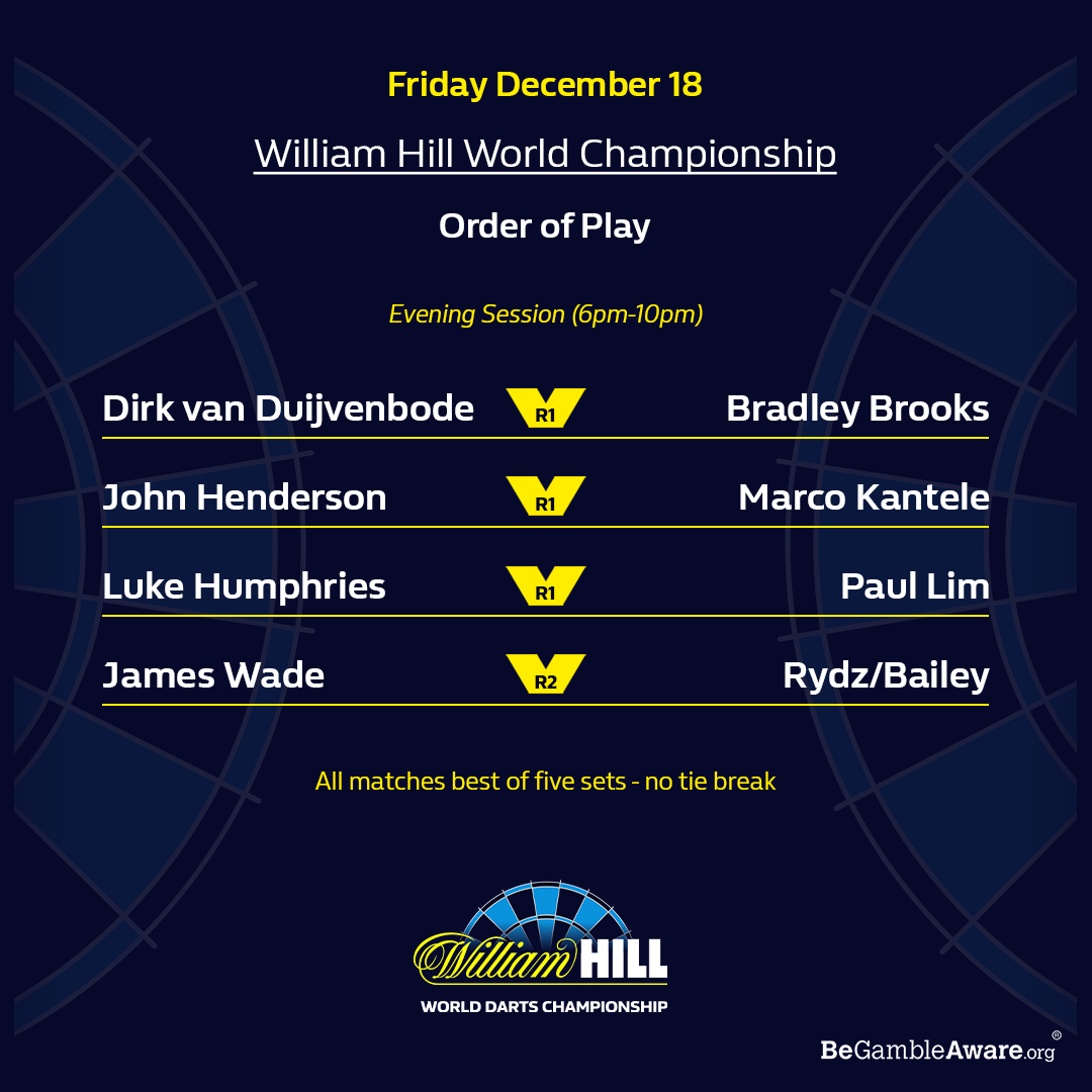 An order of play card for the William Hill World Darts Championship, four evening-session matches listed.