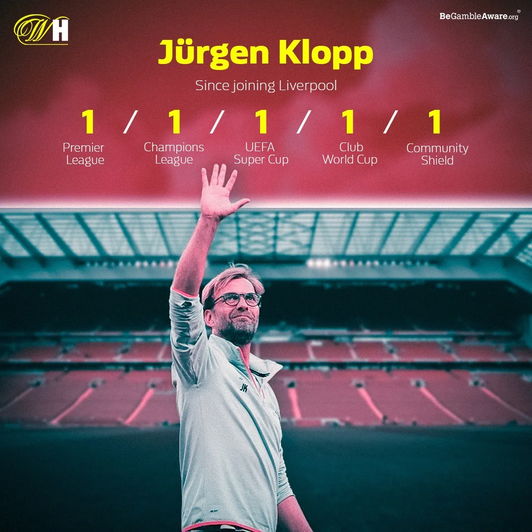 A card counting the trophies Jurgen Klopp has won since joining Liverpool, one of each, with Klopp photographed waving at an empty stadium.