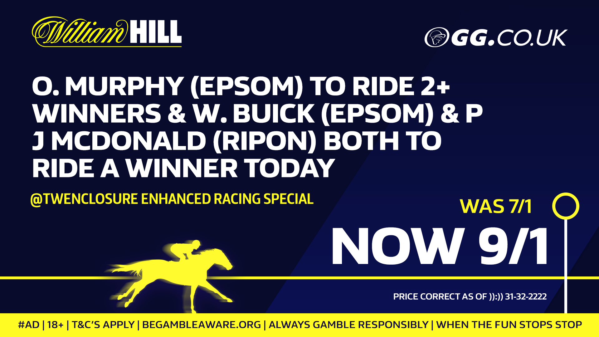 A William Hill horse racing enhanced special, three named rides to win, priced at nine to one.