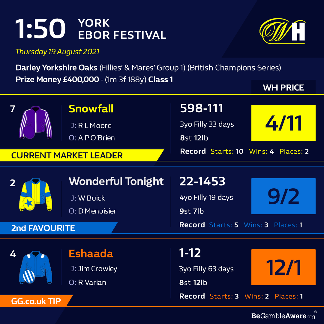 A racing market card for the York Ebor Festival: three runners with silks, jockeys, prices and form.